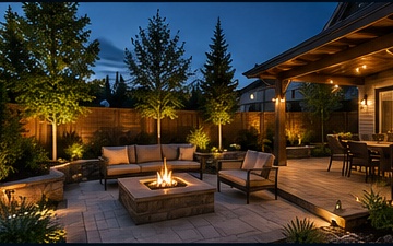 Backyard landscaping ideas Edmonton with patio fire pit and lighting