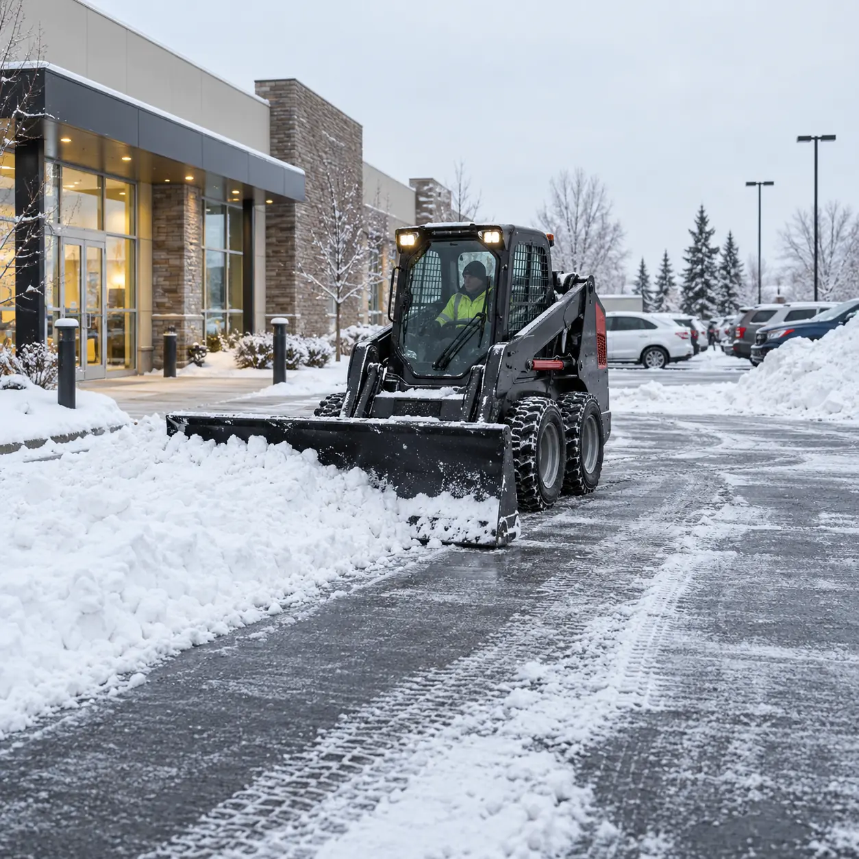 Commercial parking lot snow clearing with a skid-steer loader